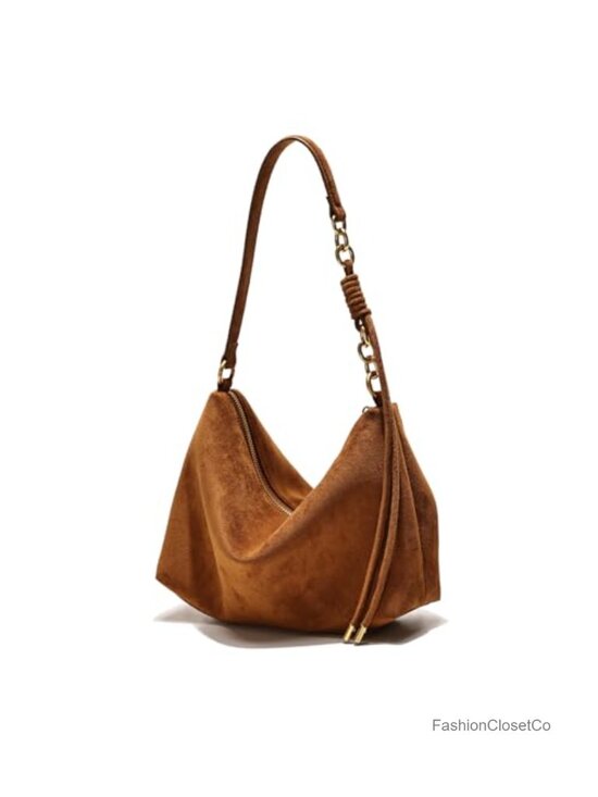 Handbags - Faux Suede Hobo Crossbody Shoulder Bag with Adjustable Strap
